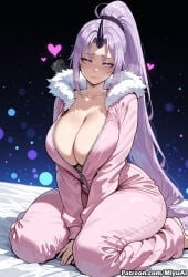1girl ai_assisted ai_generated bangs blush breasts cleavage closed_mouth collarbone curvaceous curvy curvy_female curvy_figure female fur_collar fur_trim hand_between_legs heart high_ponytail horns huge_breasts long_hair long_sleeves looking_at_viewer miyuai on_bed pajamas parted_bangs pillow ponytail purple_eyes purple_hair shion_(tensei_shitara_slime_datta_ken) single_horn sitting smile solo tensei_shitara_slime_datta_ken thick thick_ass thick_butt thick_hips thick_legs thick_thighs very_long_hair voluptuous voluptuous_female wide_hips wide_thighs zipper