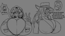2girls anger_symbol angry big_breasts breast_comparison breastmogging cigar cleavage drawing female grin hairbow happy hat heathcliff_(limbus_company) huge_breasts ishmael_(limbus_company) jacket limbus_company massive_breasts massive_tits outis_(limbus_company) peace_sign project_moon rodion_(limbus_company) simple_background smiling spintopple text the_middle_(project_moon)