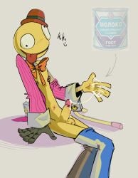 1boy 2d 2d_(artwork) bare_midriff bare_thighs bowler_hat bowtie candyman cane crossed_legs cum cum_drip cum_on_hand cum_on_penis derp_eyes erect_penis erection hat humanoid leaning_back lethal_league male male_only mutant one_glove pants_down partially_clothed pink_shirt red_hat round_eyes round_head simple_background simple_shading sitting sketch skinny_male slight_blush smile smiling solo solo_focus solo_male spread_fingers tongue_out yellow_body yellow_skin