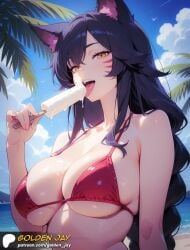 ahri ai_generated beach big_breasts bikini black_hair fox_ears fox_girl golden_jay ice_cream league_of_legends licking licking_ice_cream long_hair looking_at_viewer pale-skinned_female palm_tree parody yellow_eyes