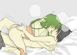 1boy 1girls ass bad_id bad_pixiv_id black_hair blush bottomless breasts c.c. closed_eyes code_geass cowgirl_position duo female french_kiss green_hair kissing lelouch_lamperouge long_hair male male/female milk3go on_bed panties panties_around_leg panties_around_one_leg sex short_hair straight sweat tongue topless underwear