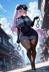 1girl ai_assisted ai_generated belt black_legwear blue_skirt breasts city cuffs curvaceous curvy curvy_female curvy_figure female gloves handcuffs hat high_heels holding large_breasts long_hair looking_at_viewer miniskirt miyuai pantyhose pencil_skirt pink_hair police police_hat police_uniform policewoman purple_eyes purple_hair shion_(tensei_shitara_slime_datta_ken) skirt sky smile tensei_shitara_slime_datta_ken thick thick_ass thick_butt thick_hips thick_legs thick_thighs uniform very_long_hair voluptuous voluptuous_female wide_hips wide_thighs