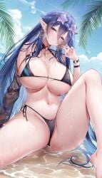 1girls beach bikini bikini_bottom bikini_top blue_hair blue_sky breasts cameltoe elf elf_ears elf_female elf_girl female female_only hair_ornament highres in_water large_breasts long_hair original palm_leaf palm_tree pointy_ears sea sitting sky solo solo_female sora_72-iro spreading star_sunglasses straight_hair sunglasses sunglasses_on_head swimsuit water