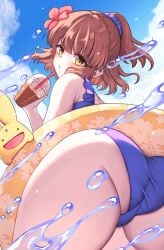 :o arle_nadja blue_sky blush cameltoe carbuncle_(puyo_puyo) chestnut_mouth clouds curvy dutch_angle from_below holding_drink huge_ass innertube madou_monogatari puyo_puyo splashing thick_thighs trefoil voluptuous water wide_hips