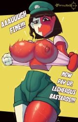 angry angry_face brown_hair caption disembodied_head disembodied_limb ena ena_(dream_bbq) ena_(series) ferrousred hat large_breasts prostitution red_skin ripped_clothing shorts sweat sweaty_breasts titty_drop white_skin
