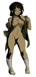 1girls avatar_the_last_airbender bedroom_eyes big_breasts black_hair breasts busty coat_only color confidently_naked full_body hair_over_breasts innie_pussy jacket jin_(avatar) long_hair looking_at_viewer monochrome naked_footwear naked_sneakers nipples nude nude_female open_coat perky_breasts presenting_self pussy seductive seductive_smile shoes smile sneakers socks standing teenager trenchcoat twin_braids undressing vagina