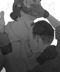 disco_elysium hairy_chest hand_over_mouth harrier_du_bois hickey kim_kitsuragi kissing_chest sourgoat tagme yaoi