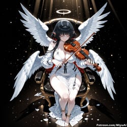 1girl acoustic_guitar ai_assisted ai_generated amplifier_(instrument) angel angel_wings anklet bangs bare_shoulders barefoot black_background black_hair bow_(instrument) breasts cleavage closed_eyes closed_mouth curvaceous curvy curvy_female curvy_figure dress electric_guitar feathered_wings feathers female full_body guitar halo harp holding holding_instrument instrument jane_doe_(zenless_zone_zero) jewelry keyboard_(instrument) large_breasts long_hair miyuai multiple_wings music musical_note o-ring piano playing_instrument plectrum sheet_music shiny shiny_hair sitting solo space spread_wings star_(sky) starry_sky thick thick_ass thick_butt thick_hips thick_legs thick_thighs trumpet twintails violin voluptuous voluptuous_female white_dress white_wings wide_hips wide_thighs wings zenless_zone_zero