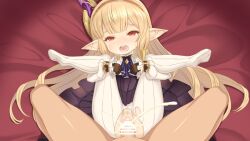 1boy 1girl bar_censor black_gloves blonde_hair censored commentary_request cum cum_in_pussy dress ejaculation gloves granblue_fantasy harvin highres hou_(hachiyou) maglielle_(granblue_fantasy:_relink) orgasm pantyhose pointy_ears pubic_hair red_eyes torn_clothes torn_pantyhose white_dress