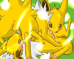 69 balls blue_eyes blush eeveelution feral furry gay green_eyes jolteon kosian looking_at_viewer male nintendo no_humans pawpads paws penis pokemon pokemon_(species) yellow_fur