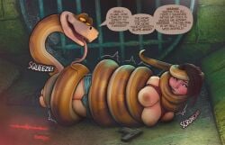 1girls 2026 areolae asphyxiation breasts brown_hair capcom claire_redfield coiling coils constriction crossover dialogue disney english_text female female_only hi_res kaa kingocrsh long_tongue narrowed_eyes nipples red_face resident_evil resident_evil_2 resident_evil_2_remake snake speech_bubble the_jungle_book very_high_resolution yellow_eyes