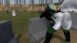 anthro ass_focus big_ass from_behind furry gun outside raccoon raccoon_ears raccoon_girl raccoon_tail shooting_range sniper sniper_rifle stockings tagme vrchat