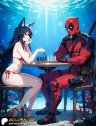 ahri ai_generated big_ass big_breasts black_hair chess deadpool fox_ears fox_girl gloves golden_jay league_of_legends long_hair mask pale-skinned_female parody underwater wet