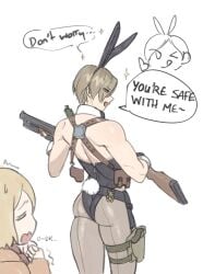 1boy 1girls ashley_graham athletic athletic_male biceps big_ass big_ass_(male) blonde_hair broad_shoulders bunny_boy bunny_costume bunny_ears bunny_tail bunnysuit charm charm_(object) clothed clothed_male detached_collar dialog dialogue english english_text female funny gloves holding_weapon knife_holster leon_scott_kennedy light-skinned_female light-skinned_male light_skin male male_focus mokotoko9 muscular_arms muscular_shoulders pantyhose pinup playboy_bunny playboy_bunny_leotard resident_evil resident_evil_4 short_hair shotgun shoulder_holster skindentation solo_focus text text_bubble thick_thighs thigh_holster thigh_squish thumbs_up weapon wink