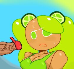 1boy 1girls anonymous_male bikini breasts cleavage cookie_run cookie_run_kingdom cookie_run_ovenbreak lime_cookie nervous nervous_sweat outside penis pigtails sassy_dolly sweat sweatdrop veiny_penis weird_penis