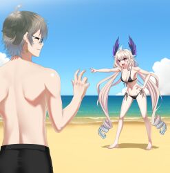 1boy 1boy1girl 1girls absurd_res ahoge back beach bikini black_bikini black_swimsuit blonde_hair blue_highlights blush cleavage closed_eyes cloud collarbone commission drill_hair earrings english_commentary enna_alouette front-tie_bikini_top full_body glasses gray_hair hair_between_eyes hair_flaps hand_on_hip headwings highleg_bikini_bottom highres hoosu ike_eveland lips long_sidelocks low_twintails multicolored_hair nijisanji nijisanji_en no_wings ocean open_mouth open_mouth_smile pointing pointing_at_another purple_eyes purple_wings second-party_source shadow side-tie_bikini_bottom sidelocks sky small_breasts smile string_bikini swim_trunks swimsuit topless topless_male twintails