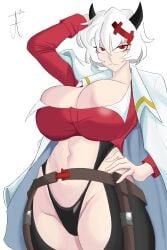 1girl angelic_(artist) belt black_leotard coat coat_on_shoulders demon_horns goddess_of_victory:_nikke helltaker horns leotard malina_(helltaker) red_eyes standing stomach_cutout yulha_(nikke)