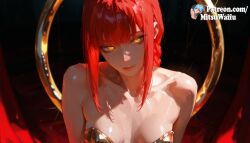 1girls ai_generated big_breasts blush breasts busty cleavage curvy eyelashes female female_focus female_only glistening_skin indoors large_breasts light-skinned_female light_skin lips long_hair looking_at_viewer makeup makima_(chainsaw_man) red_hair seductive seductive_body seductive_look seductive_smile shiny shiny_skin smile solo sweat voluptuous wet yellow_eyes