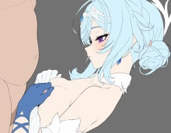 1boy 1girl asymmetrical_gloves bare_shoulders blue_gloves blue_hair blush breasts closed_mouth commentary_request earrings from_side genshin_impact gloves grey_background hetero highres jewelry looking_down medium_hair mismatched_gloves odette_(genshin_impact) paid_reward_available paizuri purple_eyes simple_background small_breasts solo_focus takashia white_gloves