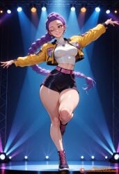 1girl ai_generated artist_name belt black_shorts braid braided_ponytail breasts brown_eyes crop_top cropped_jacket earrings full_body jacket jewelry kpop_demon_hunters long_braid long_hair medium_breasts midriff necklace netflix one_eye_closed outstretched_arms patreon patreon_username purple_hair rumi_(kpop_demon_hunters) short_shorts shorts smile solo spotlight stage stage_lights tagme_(artist) thick_thighs thighs very_long_hair wide_hips