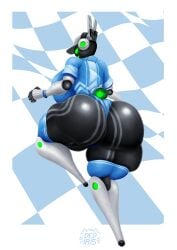 1girls 2026 2d artist_logo artist_signature ass ass_bigger_than_head back_view black_body borisfed breasts_bigger_than_head cap digital_media_(artwork) green_eyes huge_ass humanoid lagomorph lagomorph_humanoid looking_at_viewer looking_back mechanical non-human project_turboblast rabbit_ears robot robot_girl screen_face simple_background solid_eyes solo solo_female tempo_(project_turboblast)