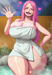 1girls ai_generated big_breasts blush blush_lines breasts female hair huge_breasts jewelry_bonney juuicyai large_breasts light-skinned_female light_skin long_hair one_piece pink_hair solo solo_female thick_thighs thighs towel