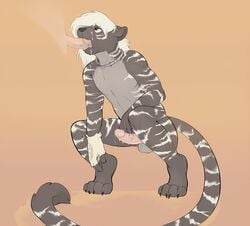 anthro cum disembodied_penis feline fur furry gay hair larvitar_(artist) male penis precum tail white_hair