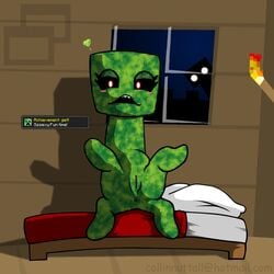 achievement_unlocked anus armless bed blush creeper enderman eyelashes female gameplay_mechanics green inside liliy_(slushy) looking_at_viewer minecraft night open_mouth peeping pussy slushy spread_legs spreading teeth window