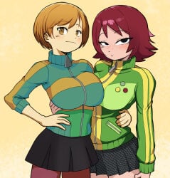 2girls alternate_version_available atlus big_breasts black_eyes black_skirt bottomwear breasts brown_eyes brown_hair crossover female female_only freckles freckles_on_face gez1313 green_jacket hair hand_on_hip hand_on_waist huge_breasts jacket kim_pine leggings outfit_swap persona persona_4 pleated_skirt red_hair satonaka_chie satonaka_chie_(cosplay) scott_pilgrim short_hair short_skirt skirt smile thighs tomboy topwear