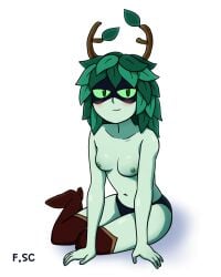 1girl adventure_time black_panties blush boots breasts closed_mouth collarbone colored_sclera colored_skin domino_mask fizzyspidercider full_body green_eyes green_hair green_sclera green_skin horns huntress_wizard leaf looking_at_viewer mask medium_breasts monster_girl navel nipples panties plant_girl simple_background sitting small_breasts smile solo thigh_boots thighhighs topless underwear white_background yokozuwari