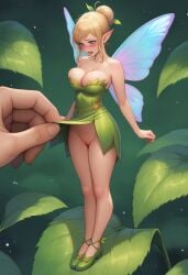 1boy 1girls ai_generated blonde_hair blue_eyes disney dress dress_lift fairy fairy_wings hair_bun innie_pussy larger_male micro_female no_panties peter_pan_(disney) tagme tinker_bell