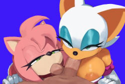 1boy 1girls 2girls amy_rose anon cranihum female female_focus female_only oral pov pov_eye_contact rouge_the_bat sonic_the_hedgehog_(series)