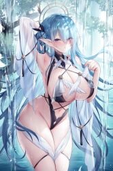 1girls aqua_hair armpits bikini bikini_bottom bikini_top breasts cameltoe female female_only forest hair_ornament halo highres in_water large_breasts long_hair original robe solo solo_female sora_72-iro straight_hair thigh_strap tree water