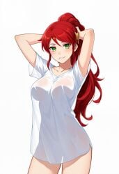 1girls ai_generated female female_only high_ponytail light-skinned_female long_hair pyrrha_nikos red_hair red_hair_female rwby shiny_hair shiny_skin solo solo_female tagme