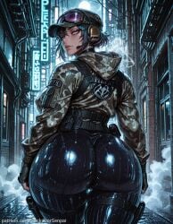1girl ai_generated ass backboob backdoorsenpai baseball_cap big_ass breasts camouflage_jacket curvy egao ela_(rainbow_six) female_focus fingerless_gloves from_behind goggles_on_headwear headset holster hood huge_ass large_breasts latex_legwear leggings looking_back naughty_face naugty_eyes nude perky_breasts rainbow_six rainbow_six_siege solo steam thick_thighs thighs wet wet_hair wide_hips