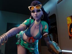 3d bikini blender blizzard_entertainment clothed ladyballs03 leaning looking_at_viewer overwatch pov pov_eye_contact seductive_look smile widowmaker
