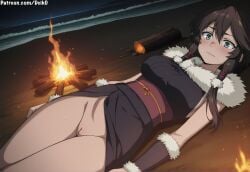 ai_generated blush brown_hair clothes_lift deik0 grey_eyes hime_kishi_wa_barbaroi_no_yome himekishi_wa_barbaroi_no_yome long_hair lying lying_on_back night outdoors presenting pussy solo the_warrior_princess_and_the_barbaric_king