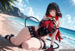 1girl ai_assisted ai_generated bangs bare_shoulders beach belt black_footwear black_hair black_swimsuit blue_sky blush breasts cleavage cloud collar covered_navel curvaceous curvy curvy_female curvy_figure day female fishnets green_eyes horizon jane_doe_(zenless_zone_zero) large_breasts looking_at_viewer miyuai multicolored_hair ocean one-piece_swimsuit outdoors pointy_ears sand shore short_hair sitting sky smile solo swimsuit tail thick thick_ass thick_butt thick_hips thick_legs thick_thighs thigh_strap thighs voluptuous voluptuous_female water weapon wide_hips wide_thighs yokozuwari zenless_zone_zero