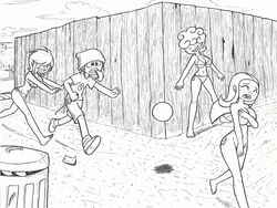 bikini cartoon_network closed_eyes covering covering_breasts covering_crotch ed_edd_n_eddy edd enf female garabatoz human imminent_rape kanker_sisters large_breasts lee_kanker marie_kanker may_kanker monochrome open_mouth outdoors pac-man stolen_bikini stolen_swimsuit straight_hair