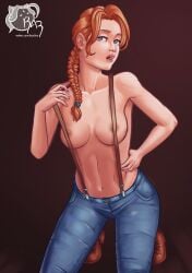 1girl areola_slip blue_eyes boots braid breasts denim hair_over_shoulder hand_on_own_hip jeans kneeling leah_(stardew_valley) lips long_hair looking_at_viewer medium_breasts navel nipples open_mouth orange_hair pants razillon single_braid solo stardew_valley suspenders topless