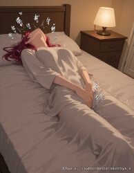1girl ai_generated bed bed_sheet bedroom breasts chest_of_drawers drawer explicit female_masturbation female_orgasm fingering head_back houshou_marine indoors lamp large_breasts long_hair lying masturbation nyx_x on_back on_bed orgasm pillow red_hair shirt solo trembling virtual_youtuber watermark white_shirt