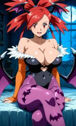 ai_generated bat_wings bedroom breasts bridal_gauntlets capcom cleavage crossed_legs darkstalkers flannery_(pokemon) gym_leader huge_breasts large_breasts leotard looking_at_viewer morrigan_aensland morrigan_aensland_(cosplay) nintendo pantyhose pixai pokemon pokemon_oras pokemon_rse ponytail red_eyes red_hair sitting sitting_on_bed smile split_ponytail tagme thick_thighs vampire_(game)