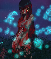 1girls bangs black_hair blood breasts dark-skinned_female dark_skin female nipples nude original shy_green solo sword