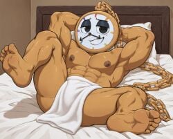 1boy abs ai_generated almost_naked almost_nude bara barazoku big_pecs dandy's_world dandys_world dyle_(dandy's_world) dyle_timesly edit grok grok_imagine hands_behind_head looking_at_viewer lying_on_back lying_on_bed male muscle muscles muscular muscular_male nipples one_leg_up pecs roblox seductive solo stable_diffusion towel towel_only