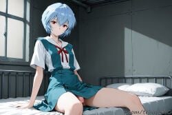 1boy ai_generated arm_support bangs bed blue_hair blue_skirt closed_mouth expressionless eyebrows_visible_through_hair femboy flaccid genderswap genderswap_(ftm) hair_between_eyes indoors looking_at_viewer male neon_genesis_evangelion no_panties on_bed penis pillow red_eyes red_ribbon rei_ayanami ribbon school_uniform shirt short_hair short_sleeves sitting skirt solo suspender_skirt suspenders tehmar trans_woman transfem trap white_shirt window