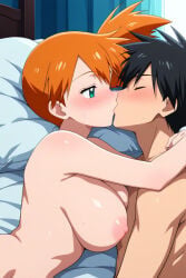 ai_generated bed kasumi_(pokemon) kissing large_breasts misty_(pokemon)