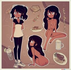 1girl alcohol artist_name ass barefoot beer beer_mug black_eyes black_hair border breasts collarbone completely_nude cup dark-skinned_female dark_skin drinking_glass female_pubic_hair food full_body hazel_(seconds) instagram_logo kt-draws leggings long_hair looking_at_viewer meat mug multiple_views nipples nude outline parted_lips plate ponytail pubic_hair seconds_(comic) shirt shoes short_sleeves sitting skewer small_breasts sneakers standing twitter_logo white_footwear white_outline