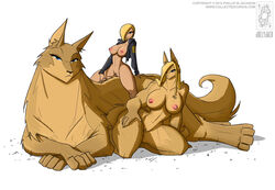 3girls abs anthro barefoot big_breasts blonde_hair blue_eyes breasts canine feral hair jacket jo jolly_jack long_hair looking_at_viewer multiple_girls muscular_female nipples nude original pointy_ears police pussy short_hair sitting size_difference snout straddling tail topless transformation werewolf wolf