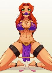1girls arms_behind_back ball_gag bondage bound bound_ankles bound_arms bound_legs cleavage female female_only femsub gag gagged green_eyes png puffpow red_hair revealing_clothes sex_toy skimpy_clothes starfire vibrator vibrator_controller vibrator_cord