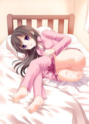 bed bedwetting black_hair clothing feet ikeda_yuuki long_hair lying no_panties on_side original pajamas purple_eyes pussy pussy_juice solo uncensored wet